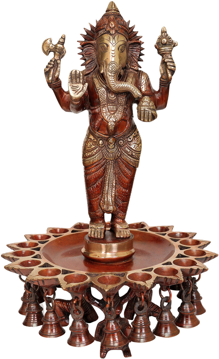 15" Lord Ganesha with Eighteen Lamps and Bells Brass Statue Handmade