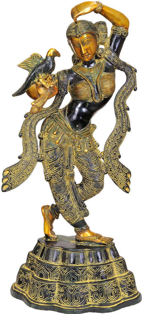 24" Brass Nymph with Parrot Applying Vermillion Handmade Statue