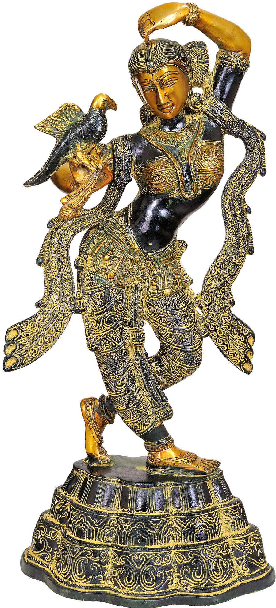 24" Brass Nymph with Parrot Applying Vermillion Handmade Statue