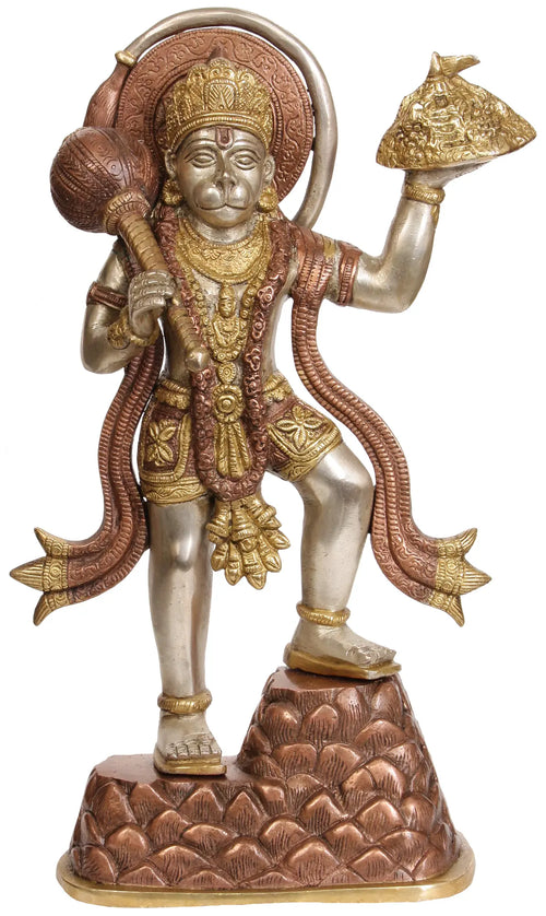 13" Hanuman Carrying Sanjeevani Herbs Brass Statue Handmade