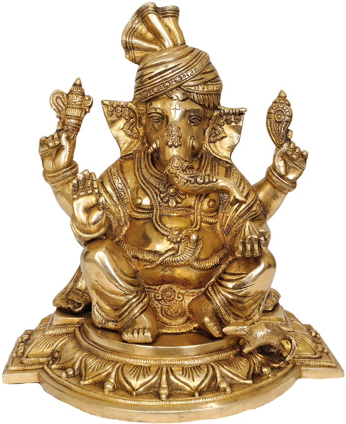 12" Handmade Turbaned Ganesha Brass Sculpture