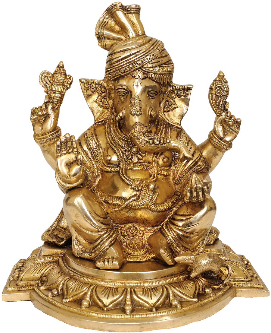 12" Handmade Turbaned Ganesha Brass Sculpture