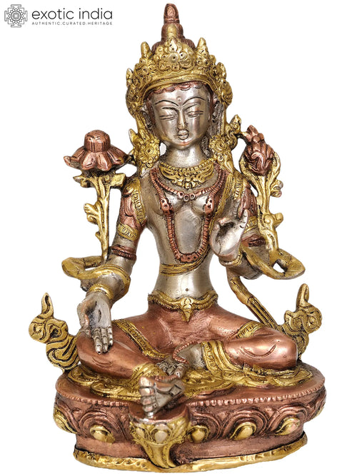 8" Handmade Brass Green Tara Buddhist Goddess Statue