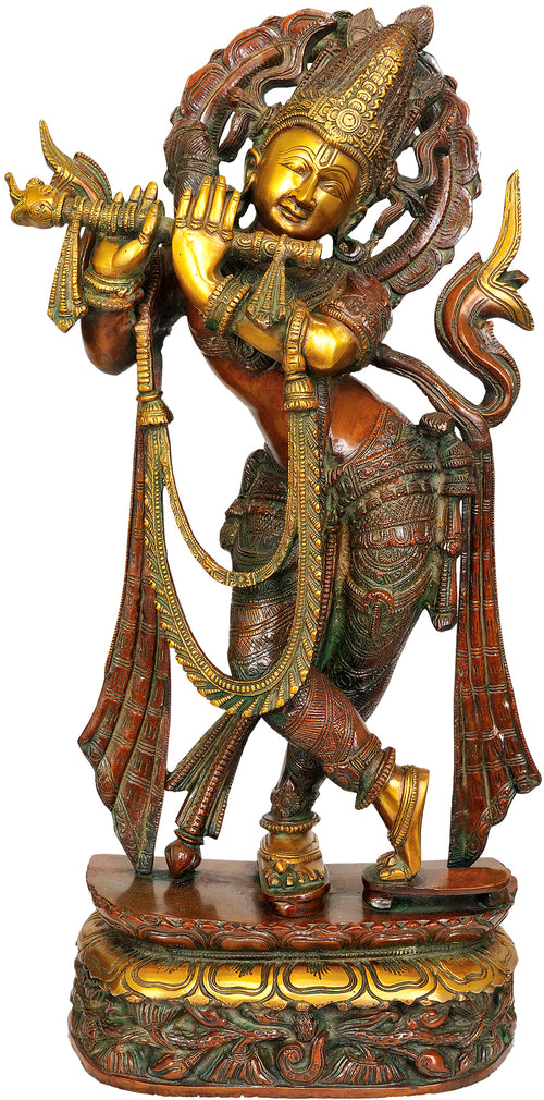 22" Lord Krishna Playing Flute Brass Statue Handmade