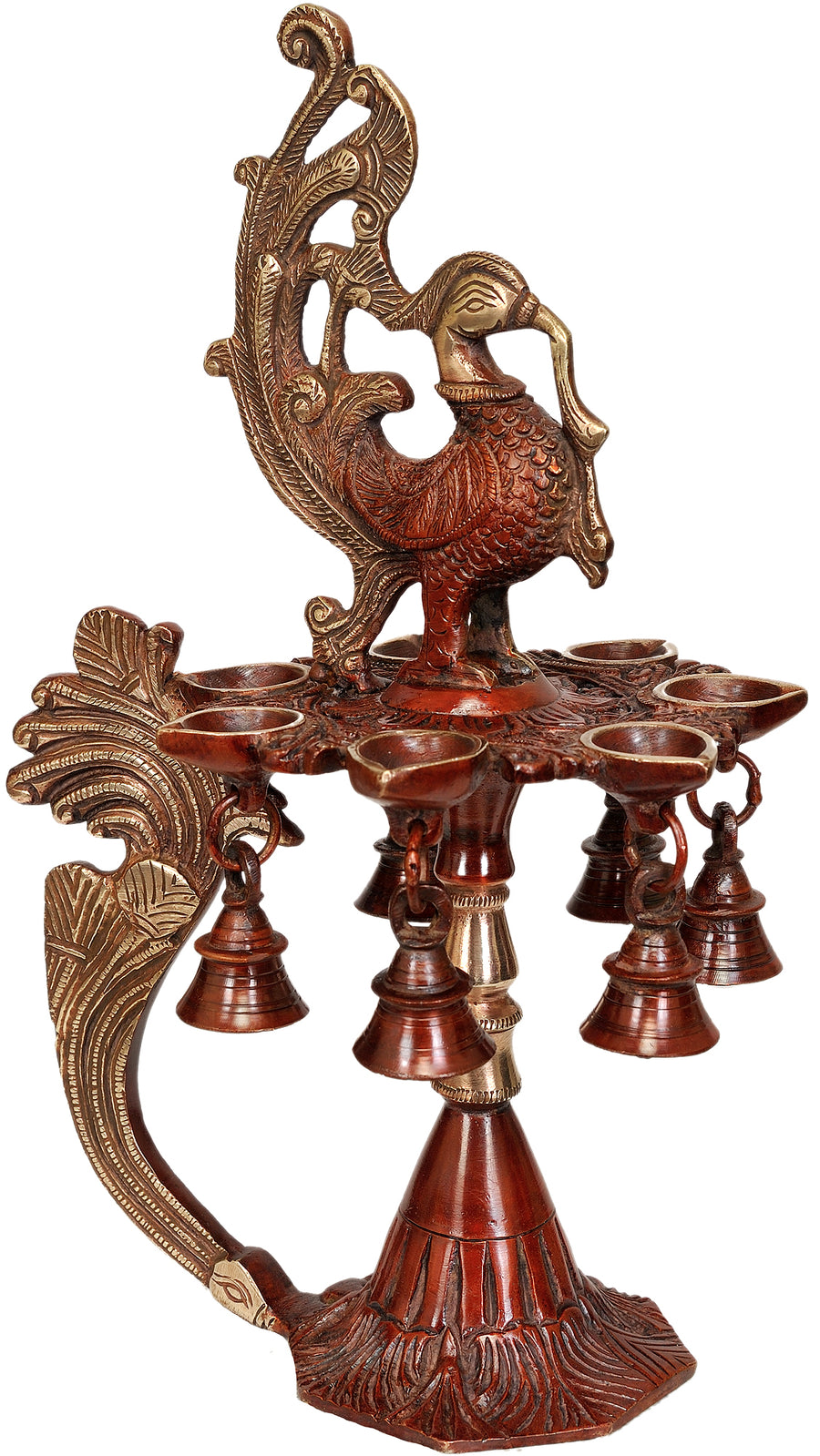 12" Handmade Brass Mayur Puja Lamp with Seven Wicks and Bells