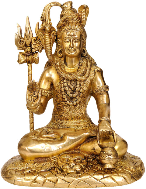 10" Lord Shiva Seated on the Mountain of Kailash | Handmade Brass Statue