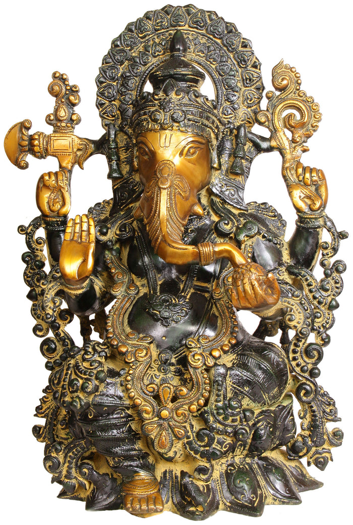 17" Handmade Lord Ganesha Seated on Lotus Brass Statue