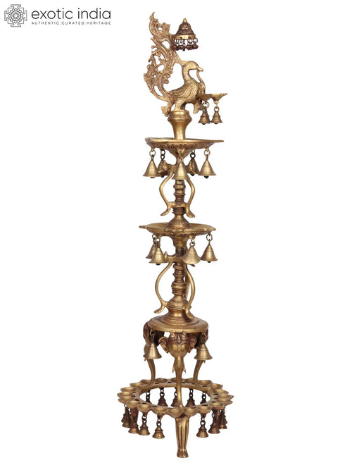 41" Large Brass Peacock Lamp with Hanging Bells and Ghungaroos Handmade