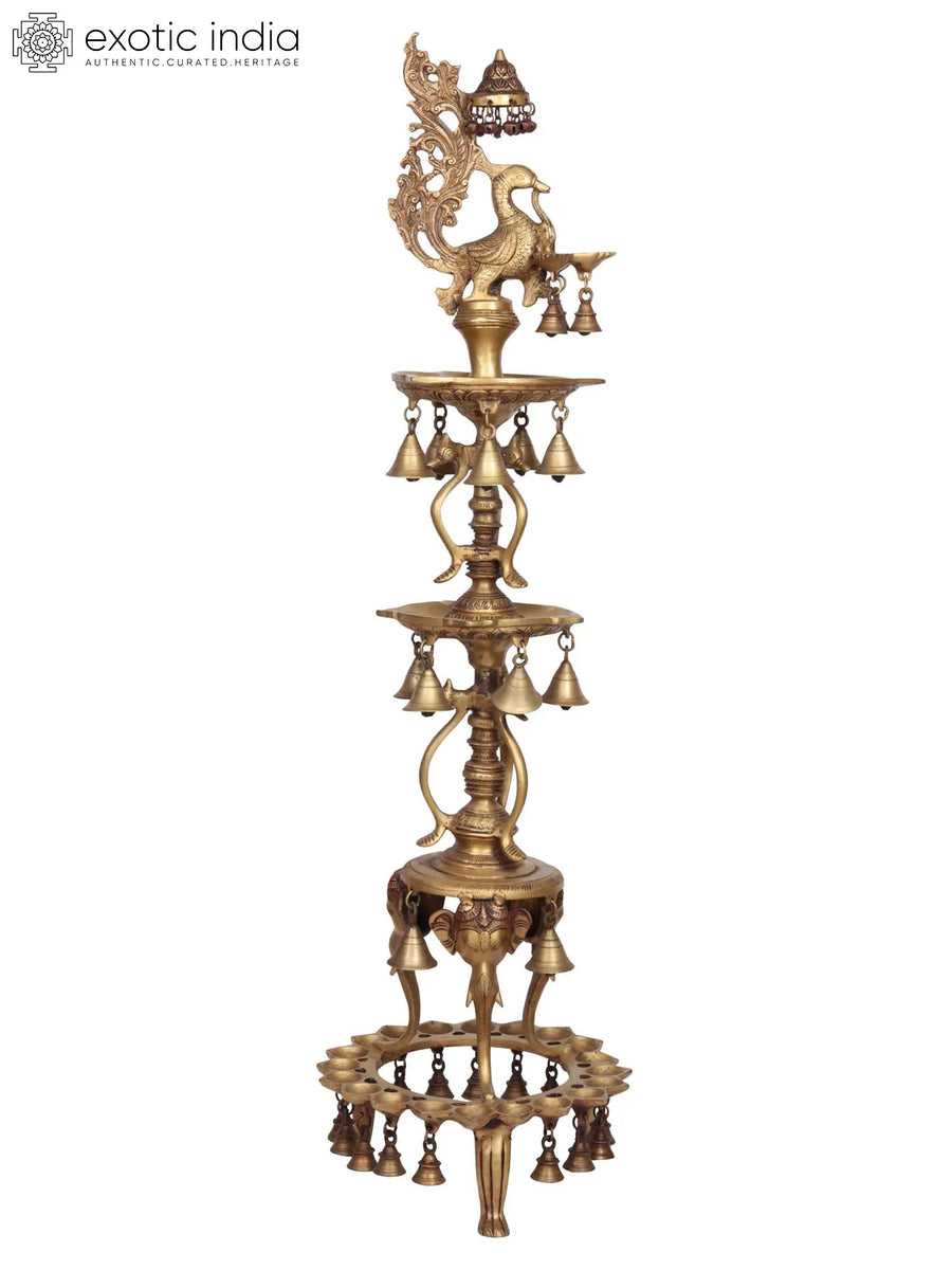 41" Large Brass Peacock Lamp with Hanging Bells and Ghungaroos Handmade
