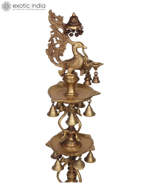 41" Large Size Peacock Lamp with Hanging Bells and Ghungaroos in Brass | Handmade | Made in India