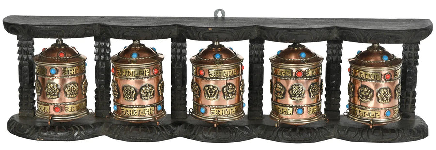 Five Monastery Prayer Wheels Brass Stand Tibetan Buddhist Statue