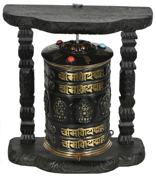 Enshrined Tibetan Buddhist Prayer Wheel Brass Statue