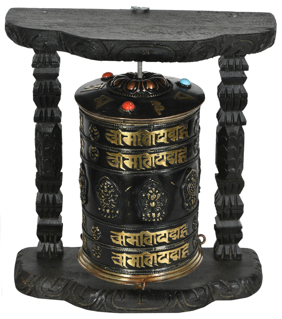 Enshrined Tibetan Buddhist Prayer Wheel Brass Statue
