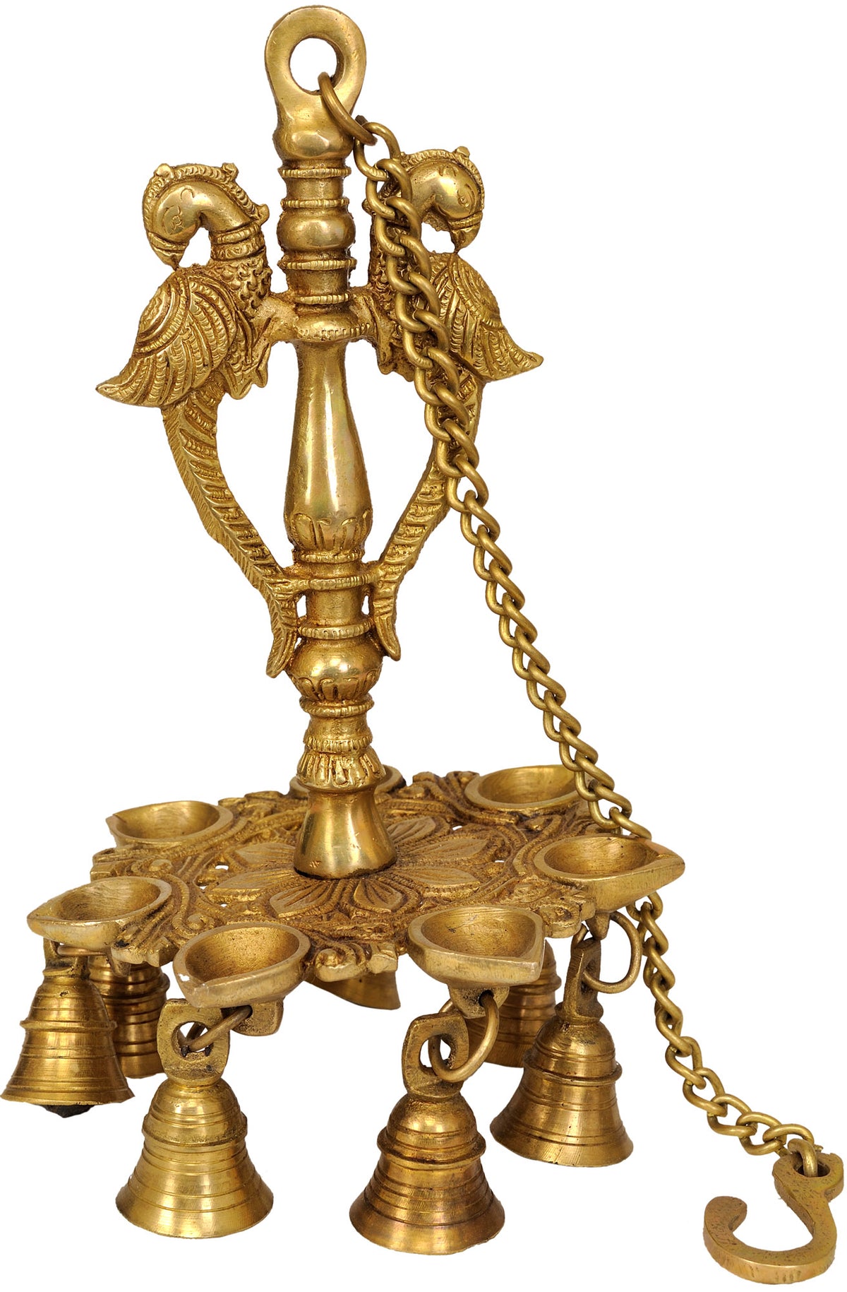 10" Brass Mayura Hanging Lamp with Bells - Handmade