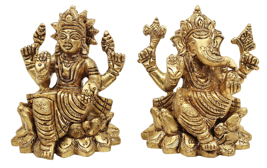 3" Lakshmi Ganesha Brass Statue Handmade Pair of Auspiciousness