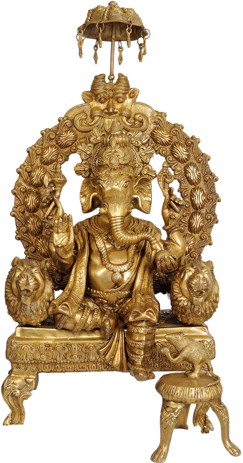 34" Large Enthroned Ganesha Brass Statue Handmade