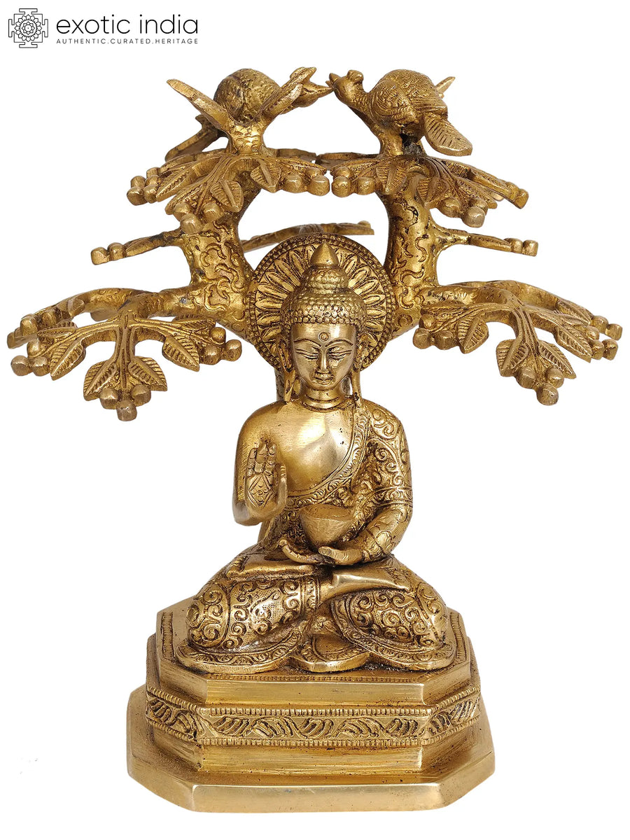 9" Buddha Under Bodhi Tree Handmade Brass Statue