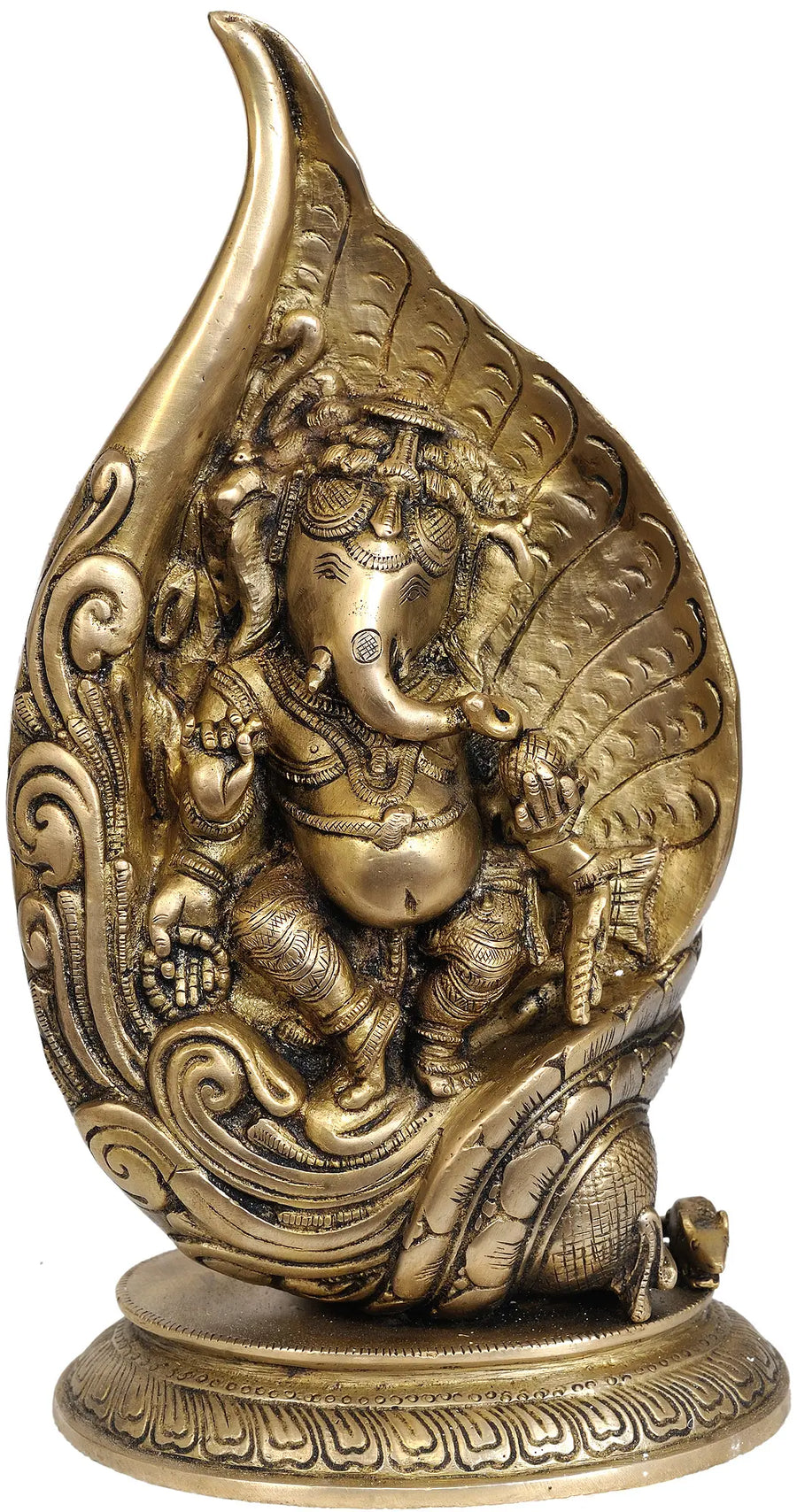 12" Handmade Brass Ganesha Conch Statue for Pooja
