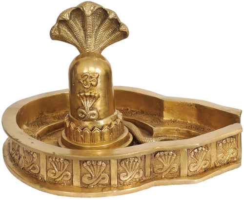 12" Brass Shiva Linga with Five-Hooded Snake Handmade Statue