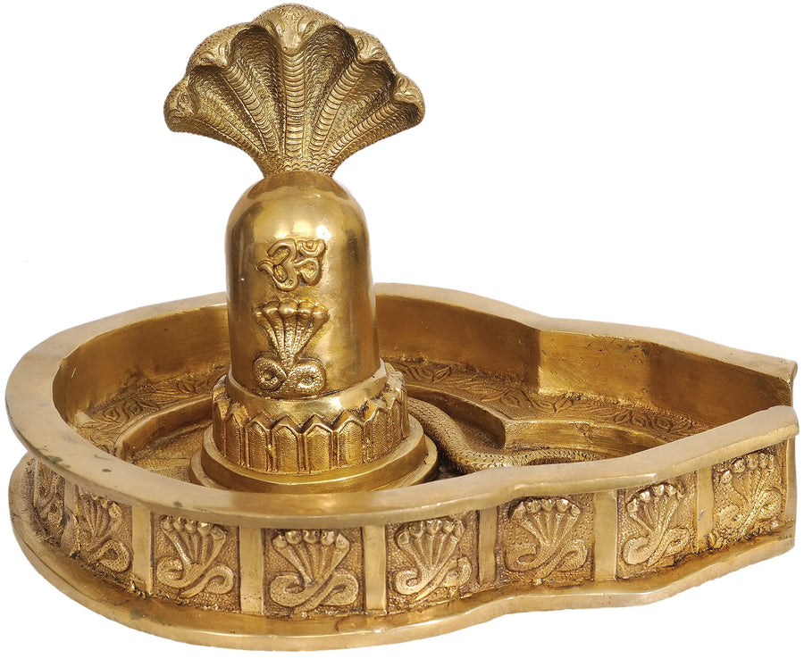 12" Brass Shiva Linga with Five-Hooded Snake Handmade Statue