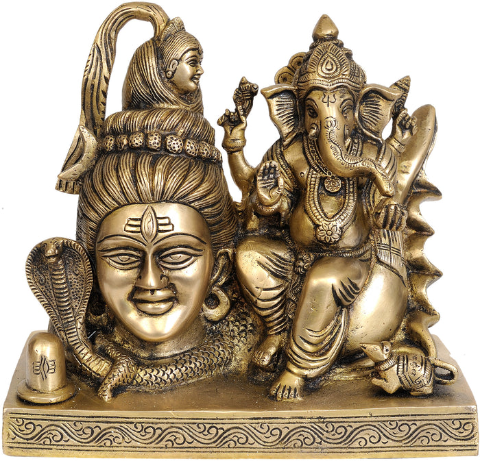 8" Shiva and Ganesha on Conch with Linga Brass Statue Handmade