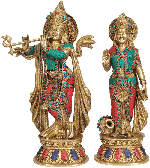 20" Krishna and Radha Inlay Brass Statue Handmade
