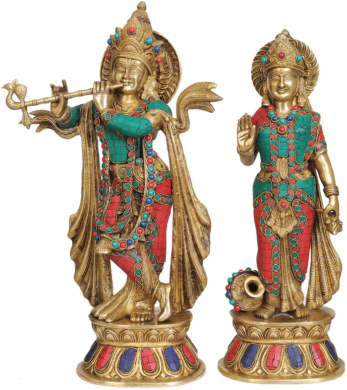 20" Krishna and Radha Inlay Brass Statue Handmade