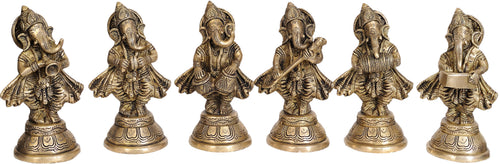 5" Set of Six Musical Ganeshas Brass Handmade Idols