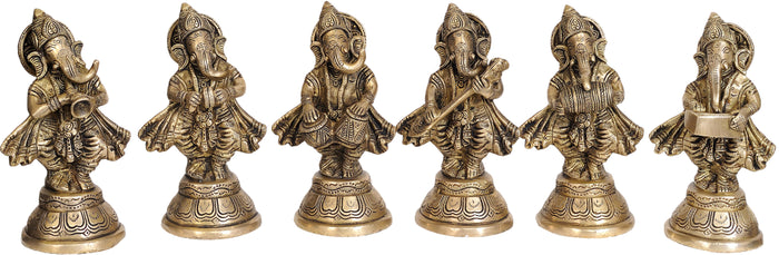 5" Set of Six Musical Ganeshas Brass Handmade Idols