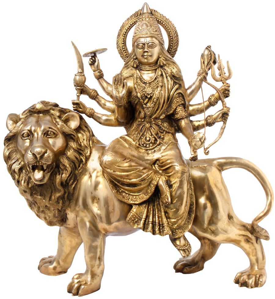 27" Mother Goddess Durga Seated on Lion Handmade Brass Statue