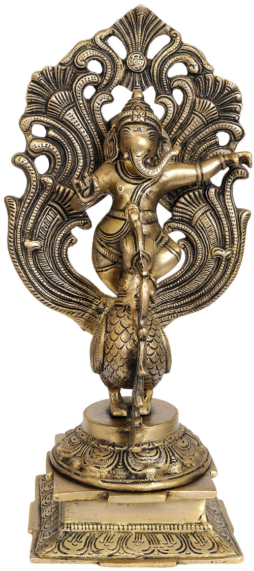 14" Dancing Ganesha on Peacock Brass Statue Handmade