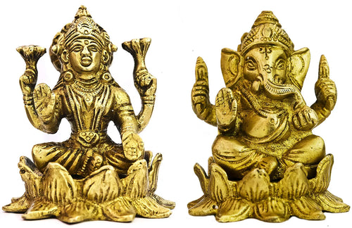 3" Brass Lakshmi Ganesha Pair Handmade Idol Set