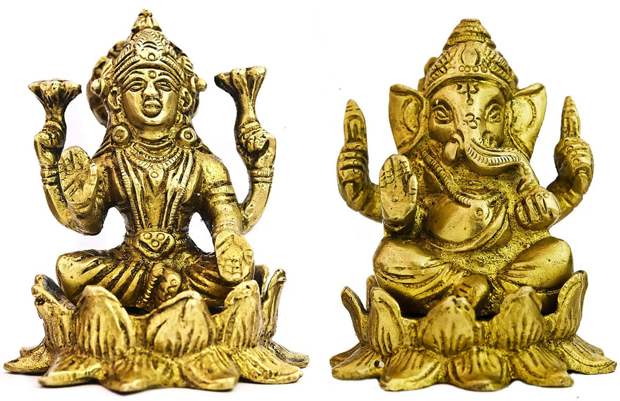 3" Brass Lakshmi Ganesha Pair Handmade Idol Set