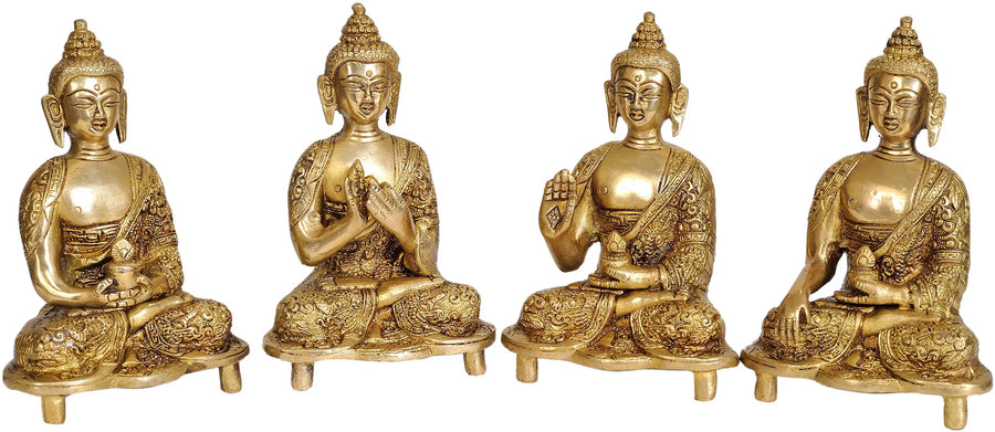 5" Tibetan Buddhist Deities Set Four Brass Buddha Idols Handmade
