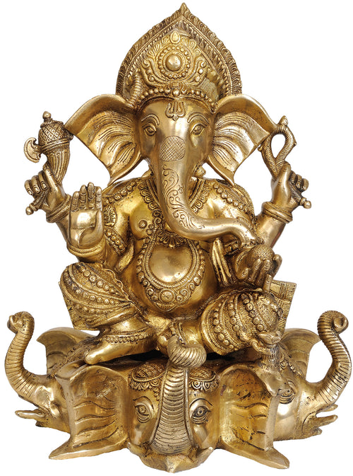 16" Lord Ganesha Brass Statue Seated on Three Elephant Heads