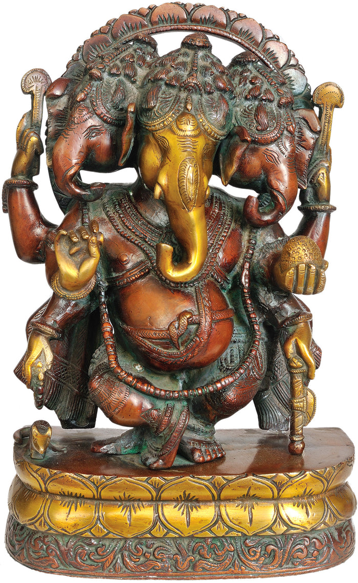 12" Handmade Tri-Mukha Ganesha Brass Statue