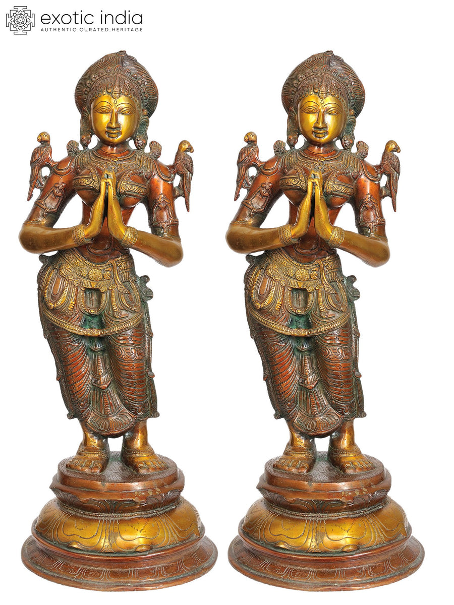 22" Namaste Ladies with Parrots Brass Statue Handmade