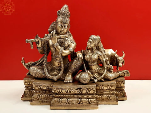 15" Fluting Krishna With Radha Ji and Cow In Brass | Handmade | Made In India