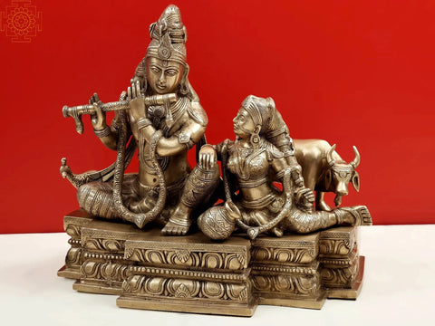 15" Fluting Krishna With Radha Ji and Cow In Brass | Handmade | Made In India