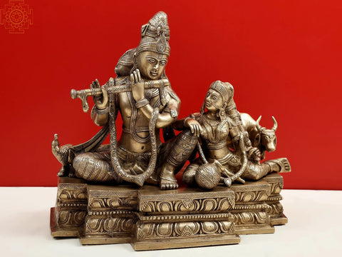 15" Fluting Krishna With Radha Ji and Cow In Brass | Handmade | Made In India