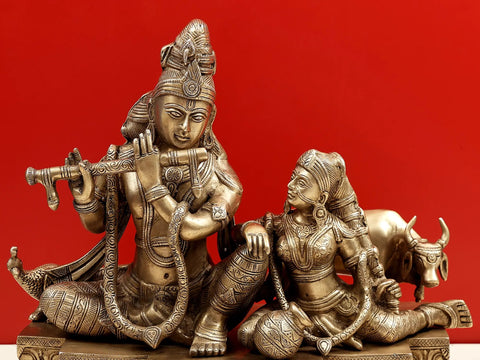 15" Fluting Krishna With Radha Ji and Cow In Brass | Handmade | Made In India