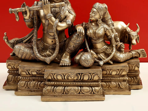 15" Fluting Krishna With Radha Ji and Cow In Brass | Handmade | Made In India