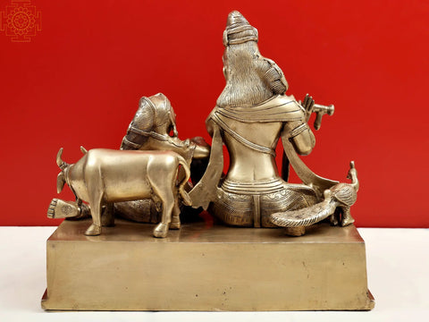 15" Fluting Krishna With Radha Ji and Cow In Brass | Handmade | Made In India
