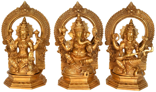 10" Lakshmi Ganesha Saraswati Handmade Brass Statue Set
