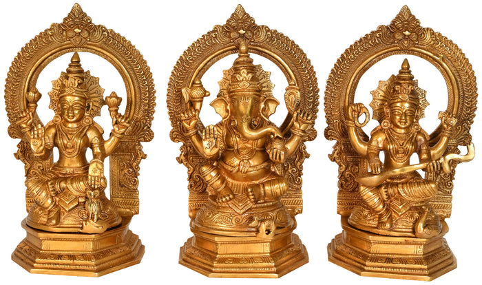 10" Lakshmi Ganesha Saraswati Handmade Brass Statue Set
