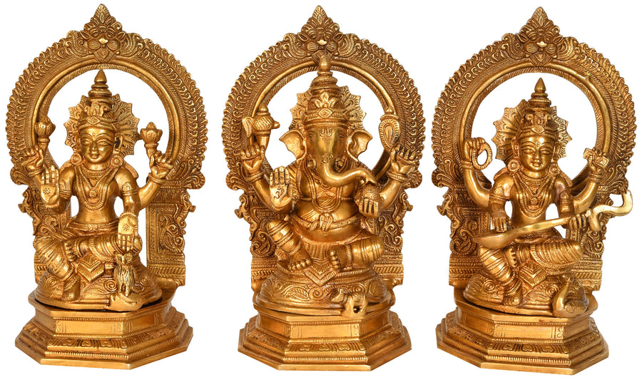 10" Lakshmi Ganesha Saraswati Handmade Brass Statue Set
