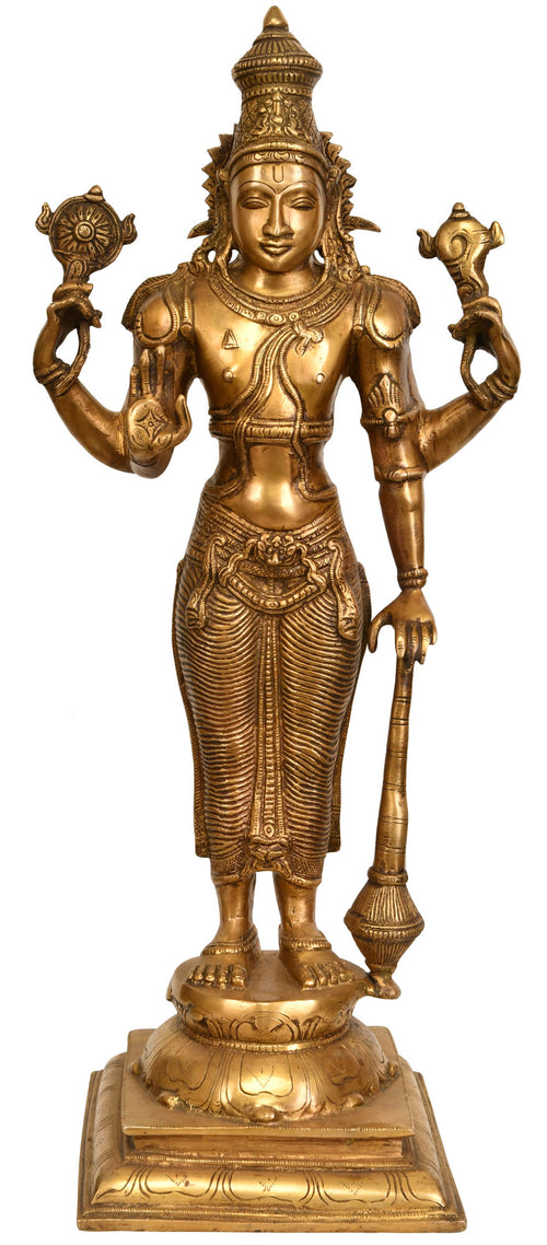 20" Four-Armed Standing Vishnu Handmade Brass Statue