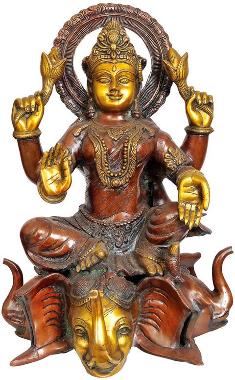 20" Large Size Goddess Lakshmi Seated on Three Elephant Head In Brass | Handmade | Made In India