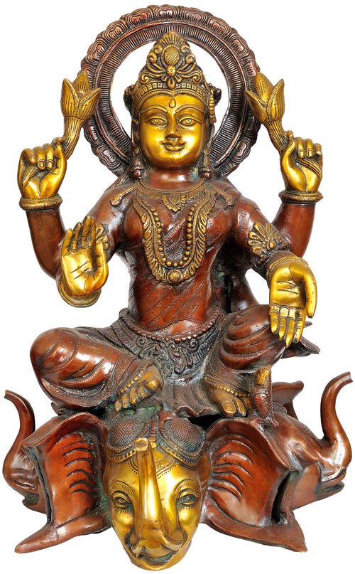 20" Goddess Lakshmi Seated on Elephant Heads Brass Statue Handmade