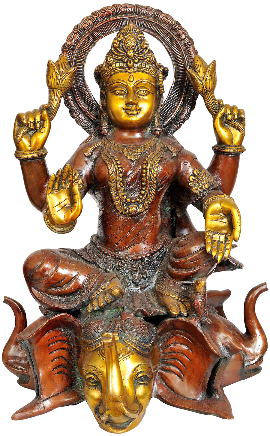 20" Goddess Lakshmi Seated on Elephant Heads Brass Statue Handmade